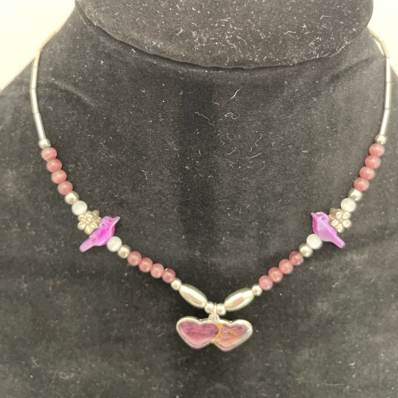 Vintage Amethyst Beads and Purple Hearts Necklace with Bird Accents - Picture 3 of 9